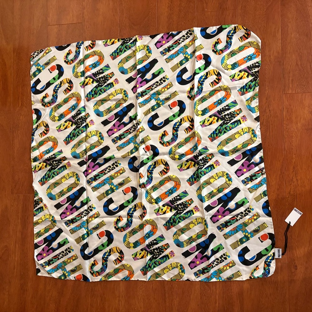 Moschino White Multicolor Logo Pattern Silk Square Scarf